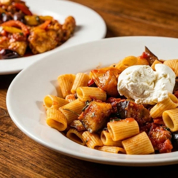 Two plates of Italian food on a wooden table, featuring pasta with eggplant and a chicken dish.