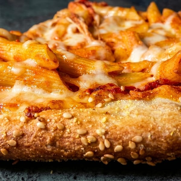 Close-up of a pizza crust topped with penne pasta, red sauce, and melted cheese.