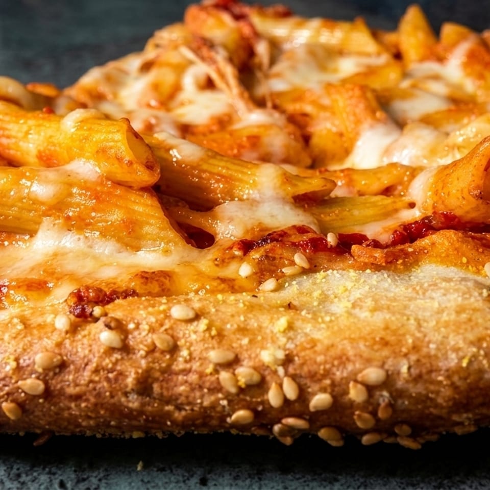 Close-up of a pizza crust topped with penne pasta, red sauce, and melted cheese.